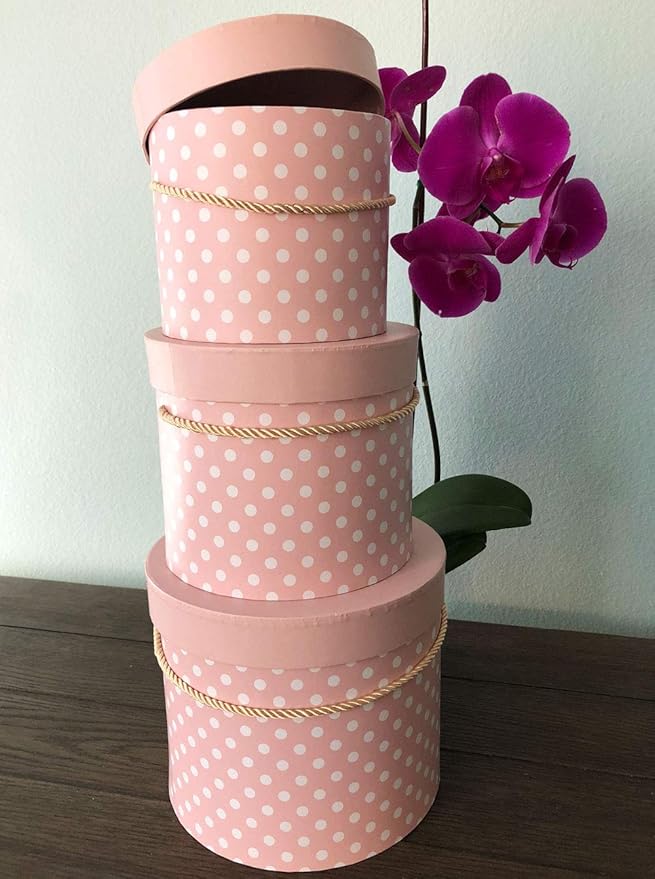 UNIKPACKAGING Premium Quality Round Flower Box, Gift Boxes for Luxury Flower and Gift Arrangements, Set of 3 pcs with Lids Size (S/M/L), Pink White Dots