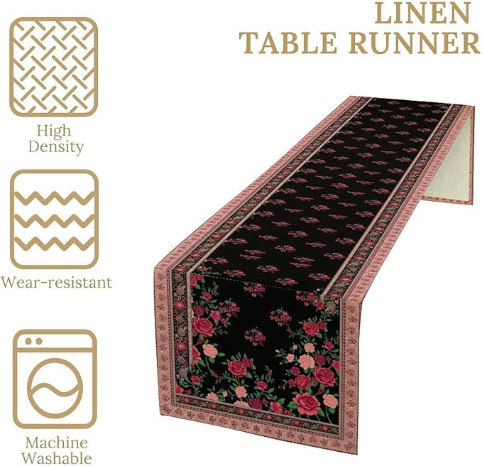 Romantic Rose Table Runner, Black Red Floral Blossoms Farmhouse Rustic Decor Table Runner for Kitchen Dining Home Party Wedding, 13x90 Inch
