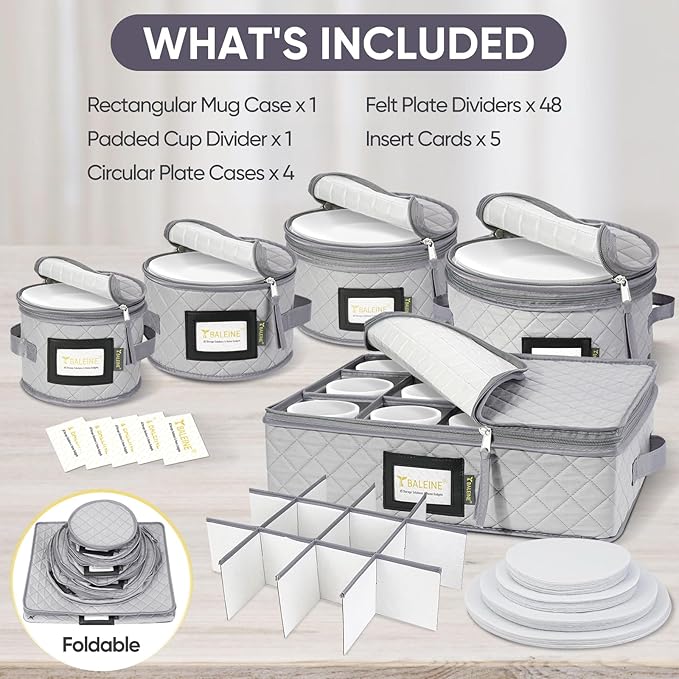 BALEINE China Storage Containers, Sturdy Quilted Wine Glass Storage, Plate Organizer with Carry Handles, Moving Boxes for Dishes, Cups, Mugs and Stemware (Plate Mug Combo, Soft Shell Grey)