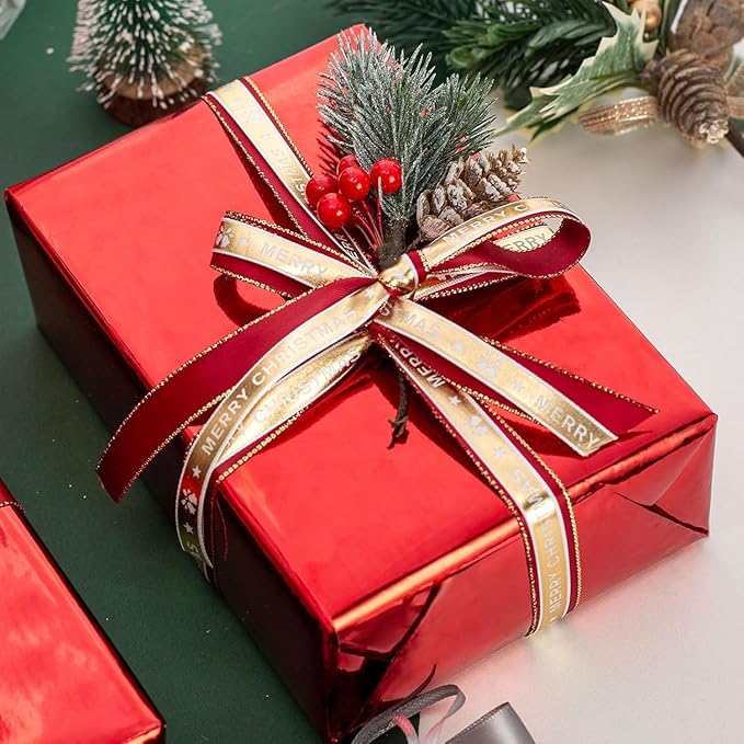 Merture Red Wrapping Paper Roll - 17 In X 16.4 Ft(23.3 sq.ft.) Metallic Red Solid Color Gift Wrap with Grid Cutting Lines for Christmas, Birthday, Wedding, Bridal Shower, Mothers Day, Valentines Day