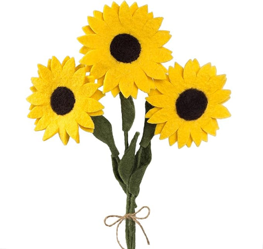 Glaciart One Felt Sunflowers Artificial Bouquet - 3 pcs | Reusable, Washable and Essential Oil Ready Yellow Artificial Flowers w/Bendable Long Wire Stems |Great Gift or Home/Event Decorations
