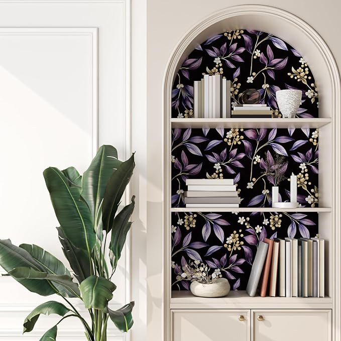 Dark Peel and Stick Wallpaper Vintage, Black Purple Leaf Removable Self-Adhesive Vinyl for Bathroom Bedroom Kitchen Drawer Cabinet, Golden Floral Pattern Wall Decor Retro Style 17.5" x 118"