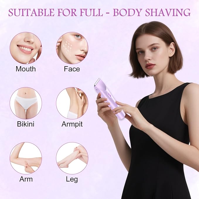 2025 New 2 in 1 Bikini Trimmer for Women, Bikini Shaver with Dual Head, Painless Smooth Shave & Gentle Pubic Hair Removal, Cordless & IPX7 Waterproof Electric Trimmer for Sensitive Skin (Purple)