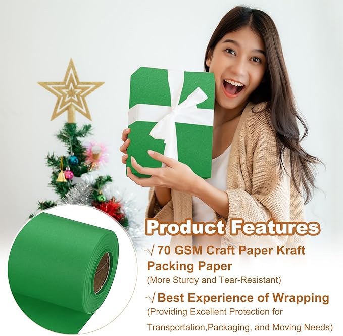 PATIKIL Wrapping Paper, 17" x 600"(49') 70 GSM Craft Paper Roll Kraft Packing Paper for Poster Bulletin Board, Gift Wrapping, Green