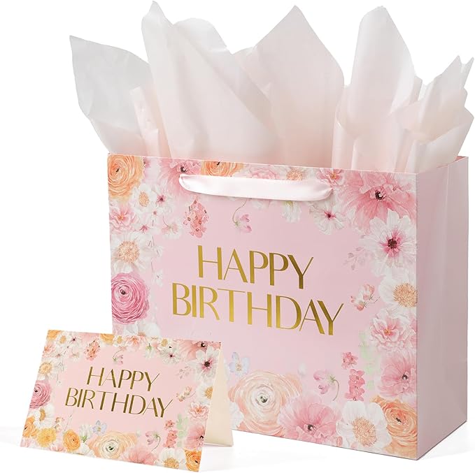 13” Large Wild Flower Gift Bag, Floral Design Happy Birthday Bag with Handles, Greeting Card, Tissue Papers for Women Girls Birthday Party Baby Shower Supplies Favors.（13in）