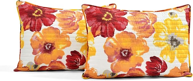 Lush Decor Leah Reversible Floral Quilt Set, 3 Piece Set, King, Red & Orange - Watercolor Botanical - Cottage Core - French Country Decor- Bedding Queen Size