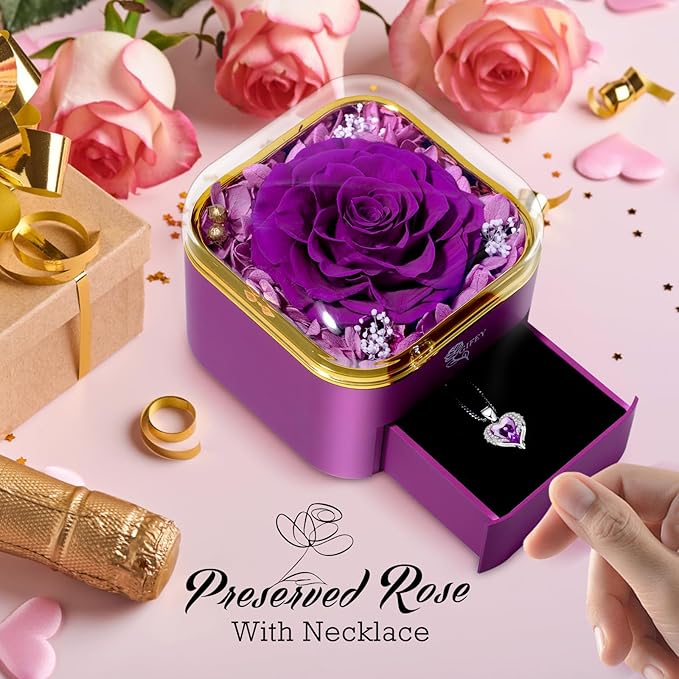 Christmas Flower Gifts for Mom,Birthday Gifts for Women,Preserved Purple Real Rose with Purple Necklace,Forever Flowers Rose Gifts for Women Mom Wife Girlfriend on Anniversary Valentines Mothers Day