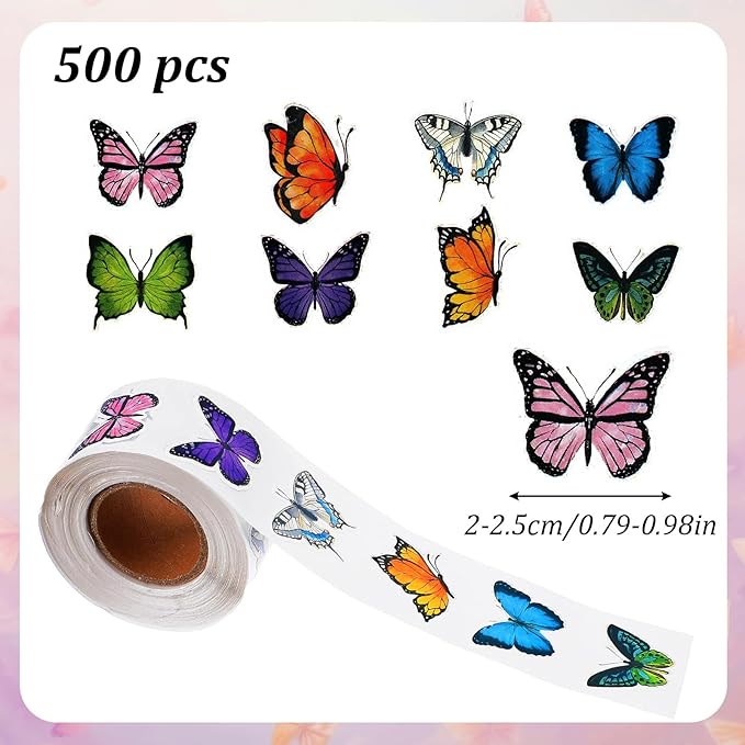 500 Sheets Butterfly Stickers Roll Colorful Butterflies Stickers Spring Butterflies Gift Sticker Roll Colorful Butterfly Label Sticker for Gifts Cards Scrapbook Daily Decorations