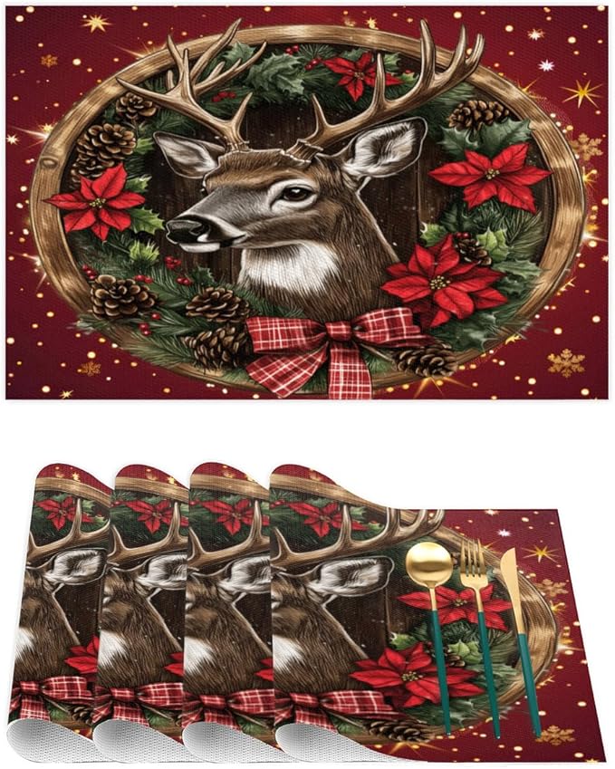 Xmas Christmas Reindeer Poinsettia Red Placemats Set of 1 PVC Vinyl Non Slip Table Mats Heat Resistant Place Mats Washable Wipeable Dining Table Mat for Kitchen Party Indoor Outdoor Decorative Gift