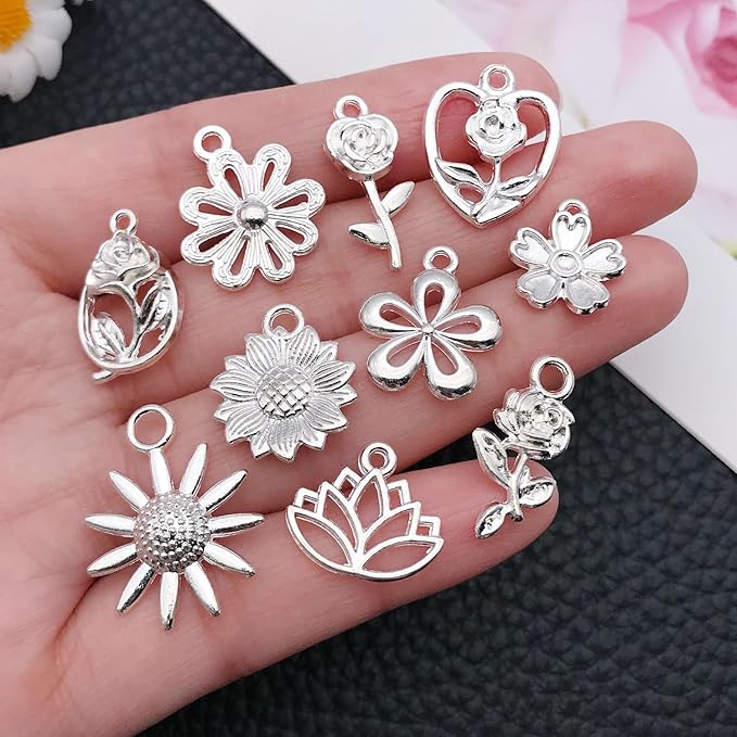 WOCRAFT 60pcs Bright Silver Flowers Bracelet Charms for Jewelry Making Sets DIY Necklace Bracelet Keychain Crafting Charms Kit Craft Supplies (SN879)