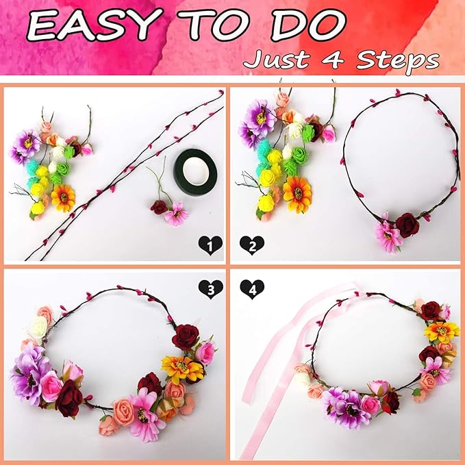 WUBOMJIO Flower Crowns Craft Kit, Make Your Own 12 PCs Floral Crowns Garland Handmade Arts and Crafts for Kids, DIY Fairy Flower Headbands and Bracelets,Hair Accessories for Girls/Teens/Women