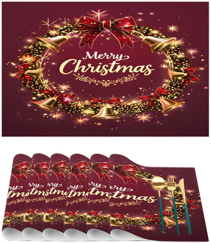 Xmas Christmas Bells Red Placemats Set of 6 PVC Vinyl Non Slip Table Mats Heat Resistant Place Mats Washable Wipeable Dining Table Mat for Kitchen Decor Party Indoor Outdoor Decorative Gift