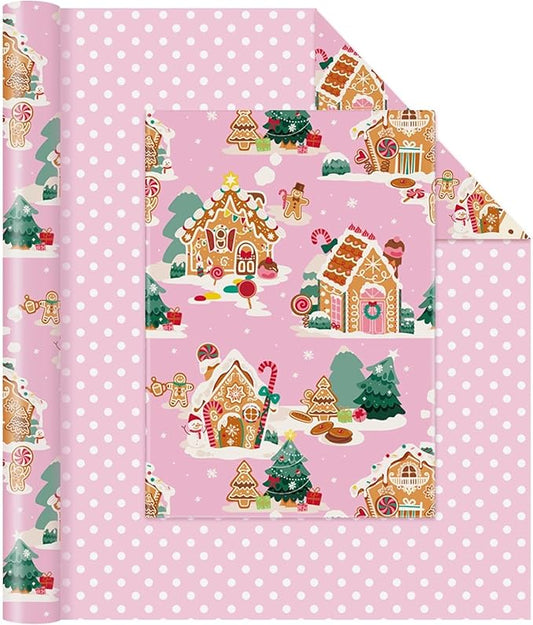 WERNNSAI Christmas Wrapping Paper - 1 Roll 17”x 33 ft Gingerbread House Wrapping Paper Roll Reversible Christmas Tree Gift Wraps for Kids Girls Xmas Winter Holiday Party Pink Polka Dot Design