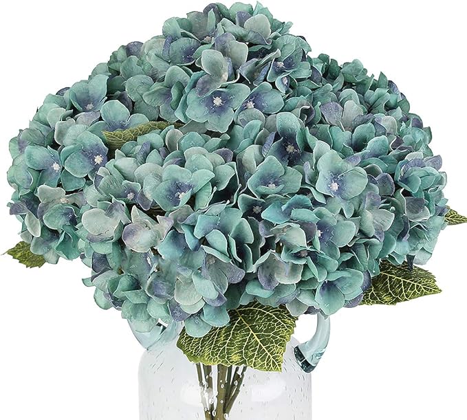2Bouquets Artificial Fake Flowers Plants Silk Hydrangea Arrangements Wedding Bouquets Decorations Plastic Floral Home Kitchen Garden Party Festival Bar DIY (Acid Blue,5Flower Heads)