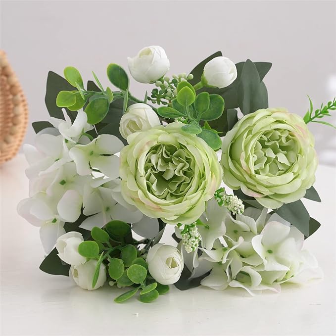 4 Bunches Green Peony Artificial Flowers for Decoration Faux Rose Fake Bouquet Silk Arrangements Table Centerpiece for Vase Cake Topper Bridal Baby Shower