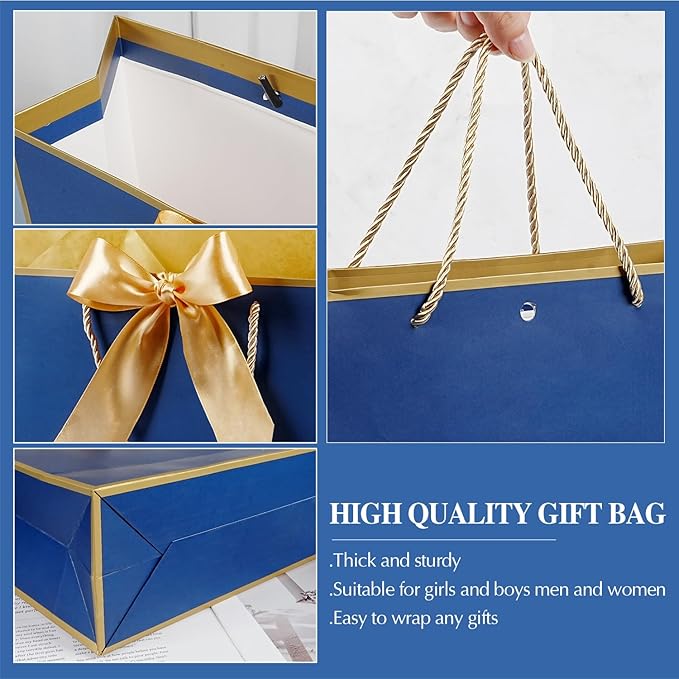 Navy Blue Gift Bags 13 x 10 x 4’’, Large Gift Bag Set with Tissue Paper and Greeting Card, 2 PCS Gift Bags with Handles Bow Ribbon, Paper Present Bags for Women Men Birthday Party Father's Day Wedding