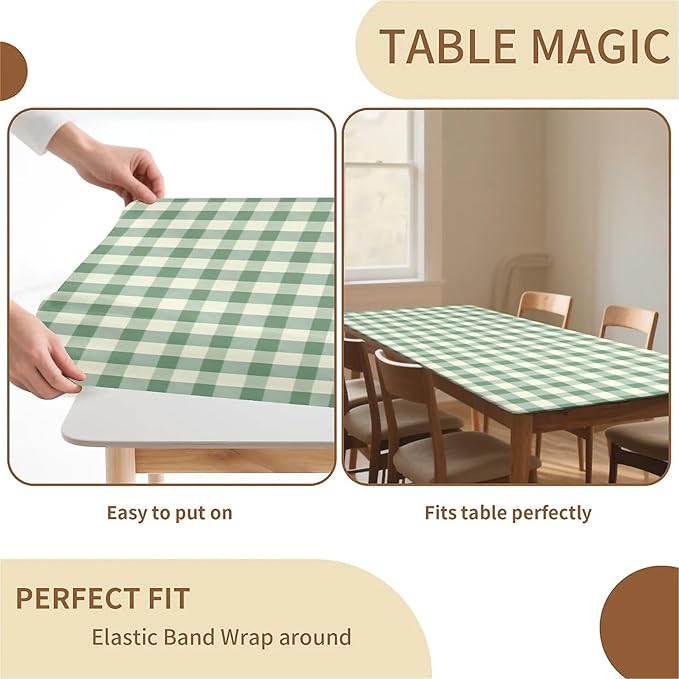 Rectangle Table Cloth Cover Waterproof Elastic Fitted Polyester Fitted Tablecloths for 6 Foot Tables for Indoor,Picnic, Camping, Outdoor （60" x 30"，Green Grid）