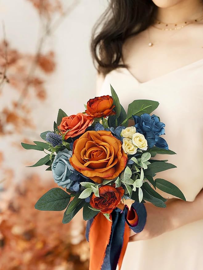 Rinlong 1Pc Fall Wedding Bouquets for Bridesmaids Bride Terracotta Navy Blue Artificial Bridesmaid Bridal Bouquet for Wedding Prom Burnt Orange Navy Blue