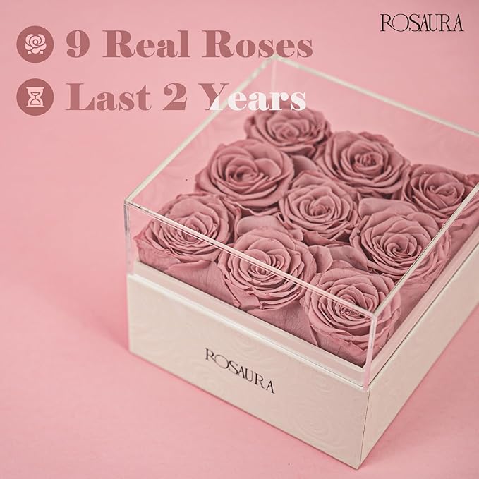 Rosaura Square Preserved Roses Gift Box - Real Forever Flowers in Clear Acrylic Lid, Valentine's for Women (Cappuccino, 9 Roses)