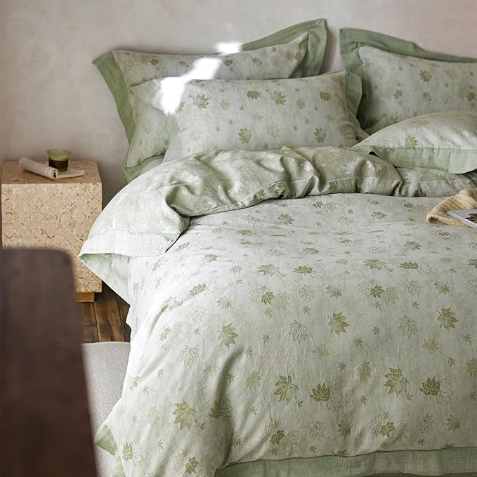 mixinni Yarn-Dyed Jacquard Duvet Cover King, Green Botanical Leaf Print 3-Piece Bedding Set with Wide Edge Piping, Soft Breathable Double Layer Gauze for All Seasons (1 Duvet Cover + 2 Pillowcases)
