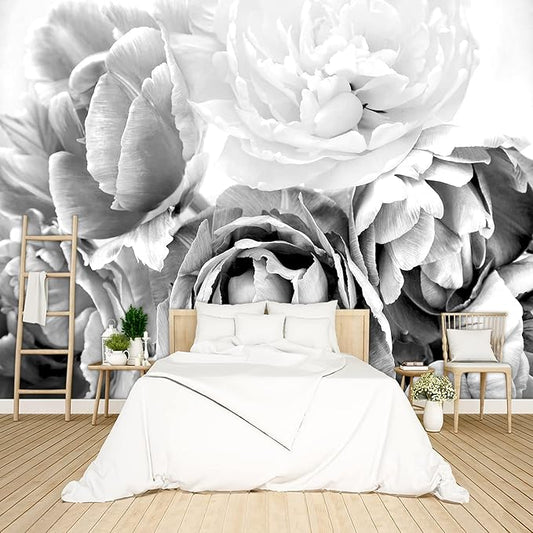 Grey Peony Floral Wallpaper Bedroom Black and White Flowers murals Aesthetic Room Decor Living Room tv Background Large Wall Mural - 137"x96" Not Peel and Stick