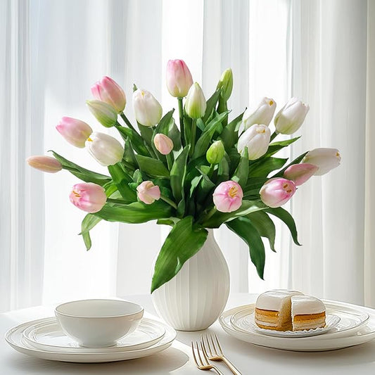 20PCS Fake Tulips Artificial Tulip Silk Flowers Fake PU Bouquet Artificial Flowers Faux Flowers with Gift Box Soft Faux Tulips Bouquets Arrangements for Party Wedding Home