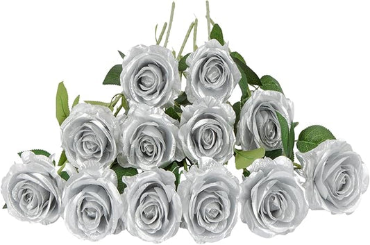 12 PCS Artificial Flowers Silver Roses, Silk Flowers Fake Long Stem Artificial Roses for Home Wedding Bathroom Kitchen Decorations (Silver)