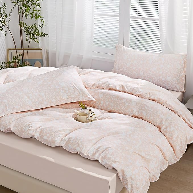 SAPHREAS Pink Botanical Plants Duvet Cover 3pcs Soft Microfiber White Floral Animal Printed Pattern Comforter Set with Zipper Ties King Size 1 Duvet Cover 2 Pillow Shams