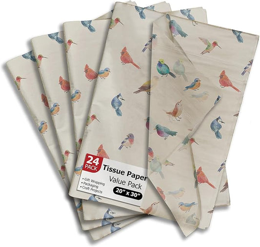 Pro Supply Global Birds Printed Tissue Paper for Gift Bags or Boxes and Wrapping - Bulk Decorative Art Tissue Paper for Packaging and Gifting | 24 Sheets 20" x 30"