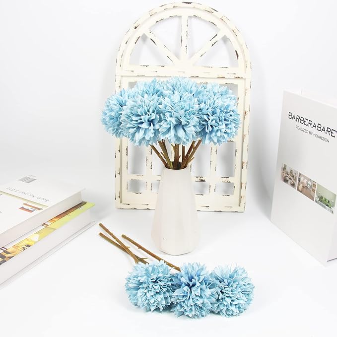 Tinsow 12 Pcs Artificial Flowers Faux Ball Chrysanthemum Bouquet Silk Light Blue Flowers Bridal Wedding Bouquet for Home Easter Party Wedding Decoration (Light Blue, 12)