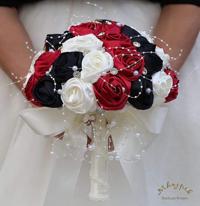 Bridal Wedding Bouquet Round Bling Brooch Bouquet Throw Toss Artificial Rose Flower Bunch for Bride Bridesmaid Wedding Quinceanera(Ruby Red, Black & Ivory, 8.7")