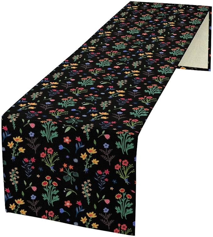 Retro Floral Table Runner, Colorful Bohemian Wildflower Flowers Blooms Vintage Table Runner for Kitchen Dining Party Home Decor, 13x36 Inch