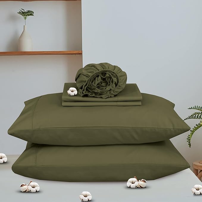 RUVANTI 100% Organic Cotton Sheets Twin Size, Percale Weave, GOTS Certified, 3-Piece Set, Deep Pocket 15", Crisp & Breathable, Soft Durable Bedding, Sábanas Algodón Orgánico – Olive