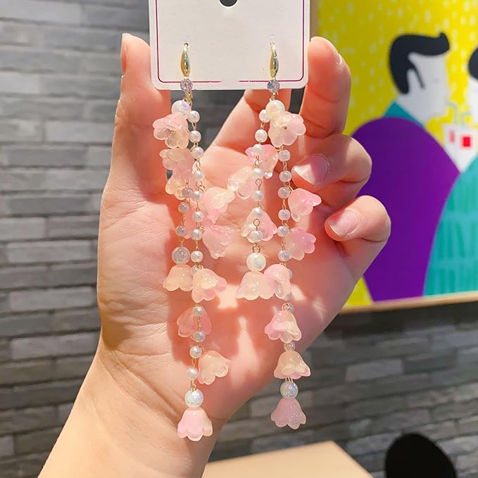 LadayPoa 100pcs Glass Bellflower Beads for Jewelry Making Trumpet Flower Beads Gradient Clear Cute Beads for Bracelets Making Aesthetic Bead Charms for DIY Necklace Decoration-Pink Yellow