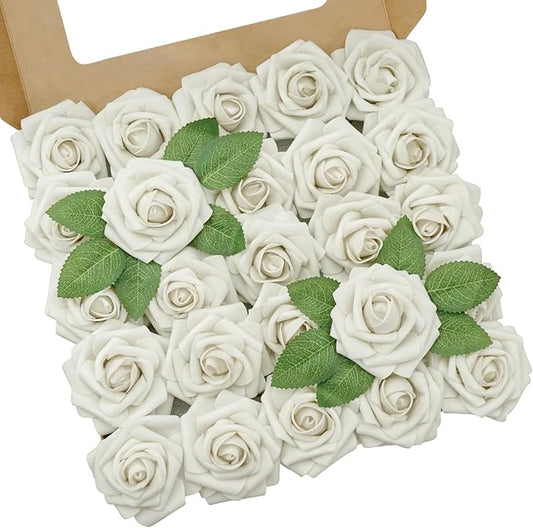 Artificial Flowers, 100pcs Artificial Rose for DIY Bouquets Arrangement, Sand White Rose Flowers Foam Fake with Stems for Wedding Shower Party Tables Home Decorations