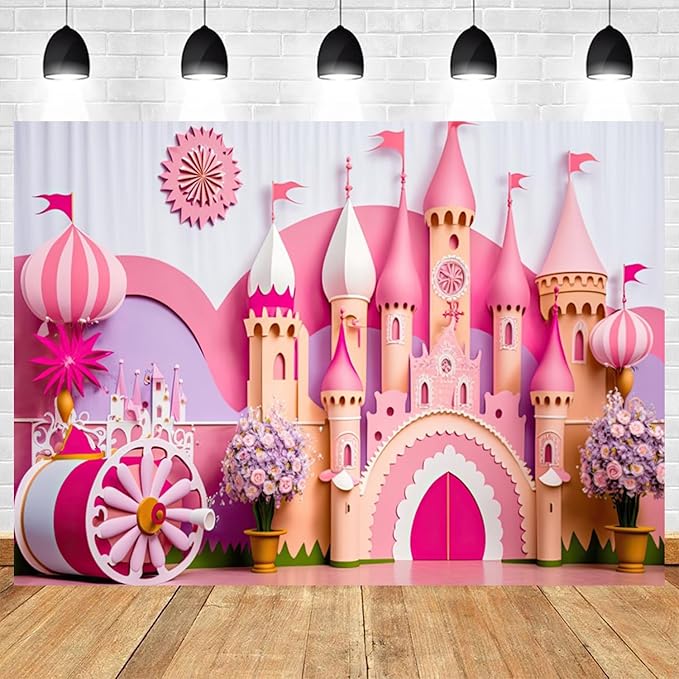 15x8ft Princess Castle Backdrop Pink Purple Floral Girl Birthday Photography Background Kids Birthdays Newborn Baby Shower Banner Decorations Wedding Party Portrait Photo Booth Prop