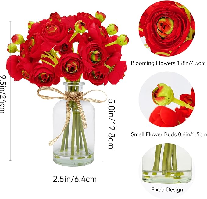 Ranunculus Artificial Flowers with Vase, 2 Pack - 8 Pcs Faux Silk Ranunculus Flower in Vase, Small Flowers Arrangements for Home Decor Indoor, Table Centerpiece. (Red)