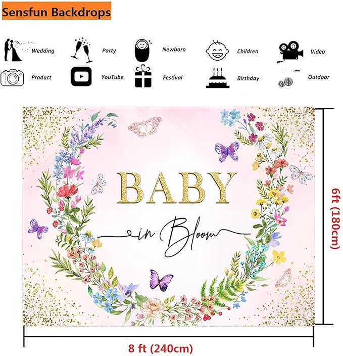 Sensfun Baby in Bloom Backdrop Banner Girls Wildflower Baby Shower Decorations,Pink Floral Butterfly Gold Glitter Photography Background for Wildflowe Baby Shower Newborn Party Photo Booth Props 8x6ft
