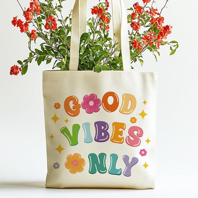 ANATTASOUL Canvas Tote Bag Color Boho Letter Reusable Cotton Bag for Women, Durable Cloth Shoulder Bags with Zipper Pockets for Shopping, Vacation, Work, Gym