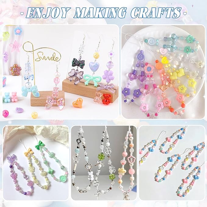 Assorted Acrylic Beads, 500-550PCS 8 Colors Mixed Cute Beads for Bracelet Making, GummyBear Bow Flower Kawaii Charms for Jewelry Making DIY Necklace Keychain Phone Charm Christmas Gift