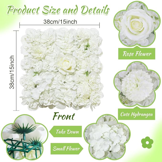 White Artificial Flower Wall Backdrop: 7.5ftx3.74ft Roses Wall Background Panels 3D Floral Wall Decor for Wedding Anniversary Party