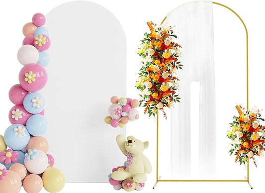 Putros 6.6ft Metal Arch Stand with Cover White Spandex Fitted Wedding Arch Cover and Round Top Chiara Backdrop Stand Set for Birthday Party Baby Shower Decoration