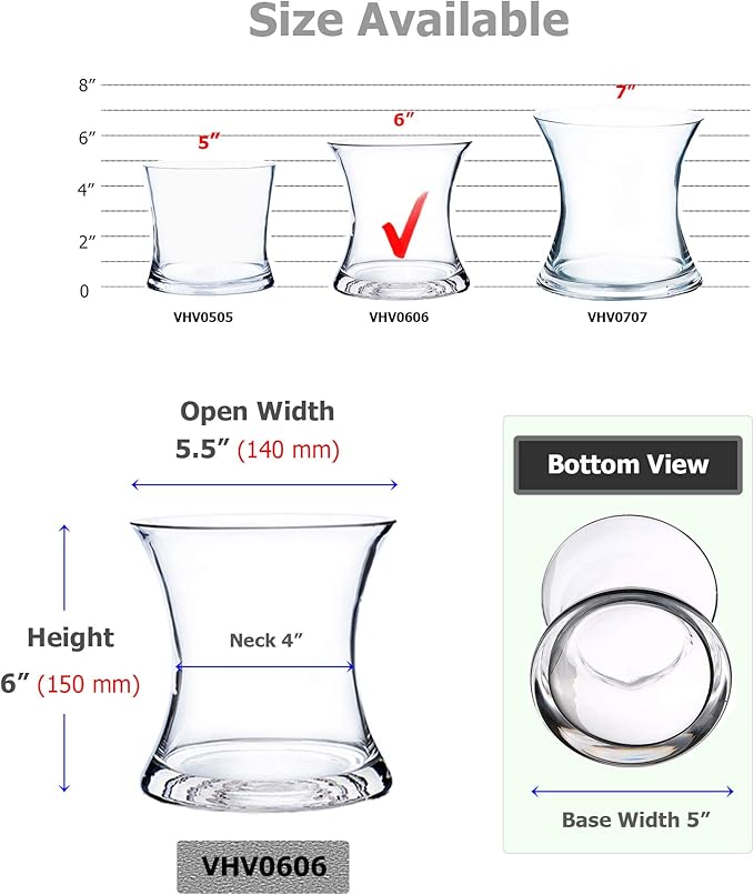 WGV Unique Bouquet Vase, 5.5" W, 6" H, Clear Short Hurricane Concaved Neiman Glass Floral Container, Home Wedding Event Decor, 1 Piece (VHV0606)
