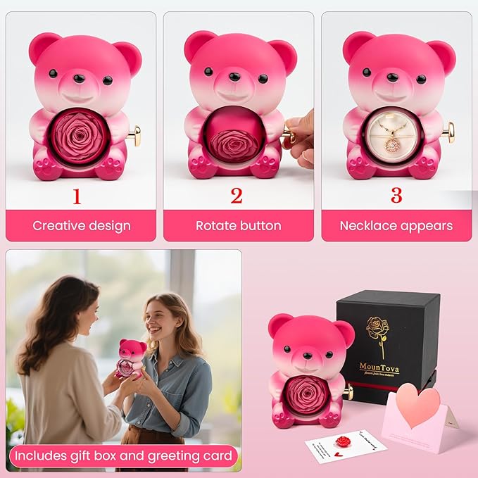 Cute Teddy Bear with Preserved Rose and Necklace, Elegant Bear Roses Gifts with Hidden Jewelry Box for Women, Girlfriend, Wife, Sister, Valentines Day Gift, Forever Eternal Rose Flower Decor