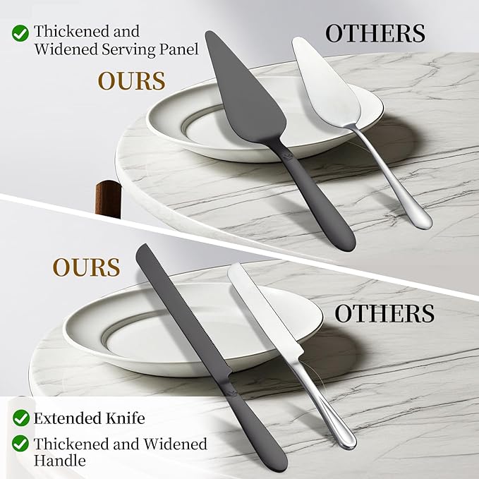 Cake Cutting Set for Wedding - Extended Cake Knife and Server Set Thickened Stainless Steel 13.0" Cake Cutter 10.49" Pie Spatula Great for Birthday Anniversary Christmas Gift 2 Pcs Matte Black