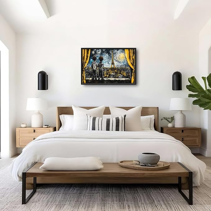 Graffiti Banksy Large Wall Art Inspirational Eiffel Tower Pictures Wall Decor Above Over Bed Canvas Prints Painting Framed Artwork Decoration For Bedroom Living Room 36"x24"