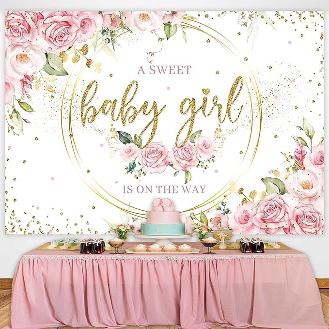 Sensfun Floral It's a Girl Baby Shower Backdrop A Sweet Baby Girl is On The Way Background Pink Flower Golden Loop Baby Shower Party Cake Table Decorations Banner Photoshoot Props (7x5ft)