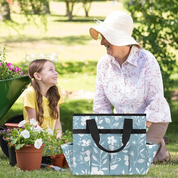 Garden Tool Bag Organizer Garden Tote Bag with Pockets Pattern Small Flowers Tool Storage Organizer Gardening Tool Kit Holder 13" x 6.8" x 2.8"