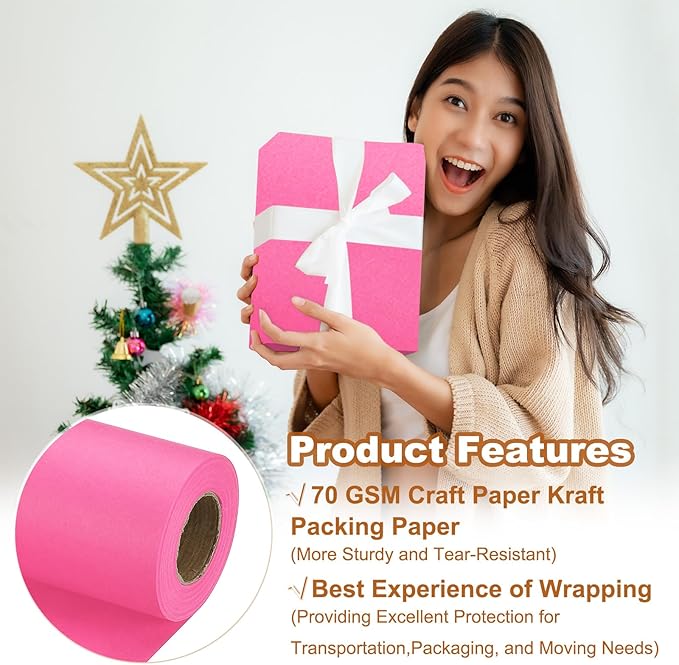 PATIKIL Wrapping Paper, 12" x 500"(42') 70 GSM Craft Paper Roll Kraft Packing Paper for Poster Bulletin Board, Gift Wrapping, Pink