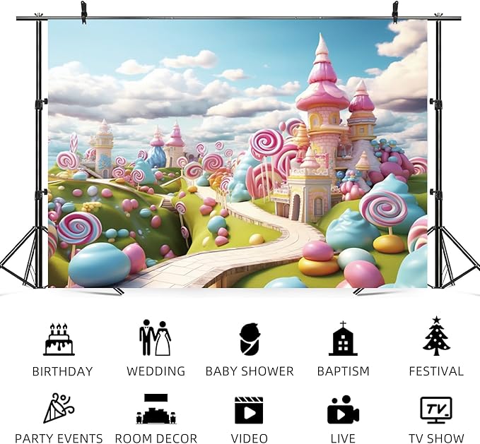 15x10ft Candyland Backdrop Fantasy Candy Castle Photography Background Sweet Lollipop Dream Blue Sky White Cloud Kids Birthday Banner Decorations Baby Shower Newborn Portrait Photo Booth Prop